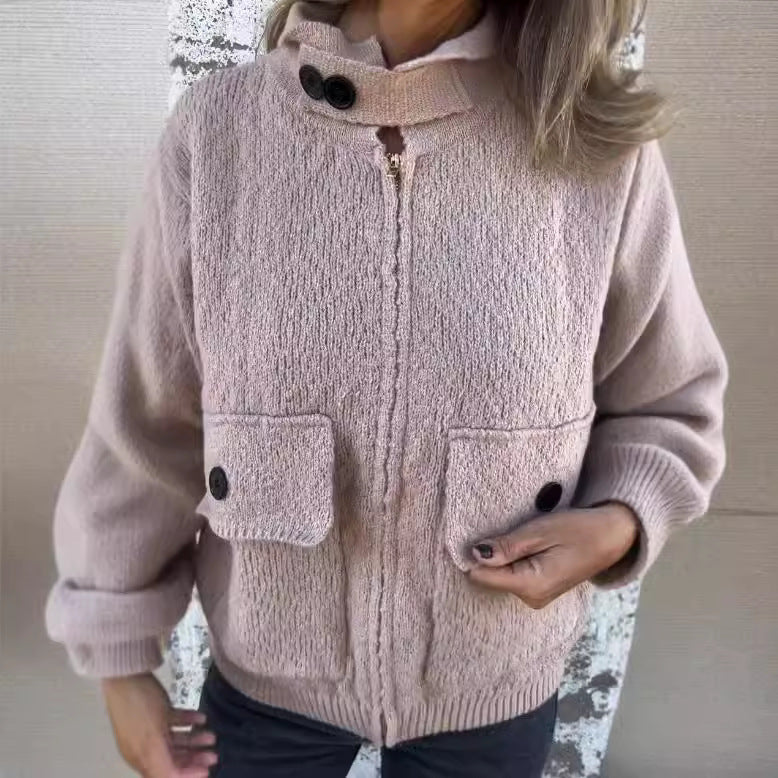 Damen weiche Strickjacke mit wärmeisolierendem Kragen und aufgesetzten Taschen R&B