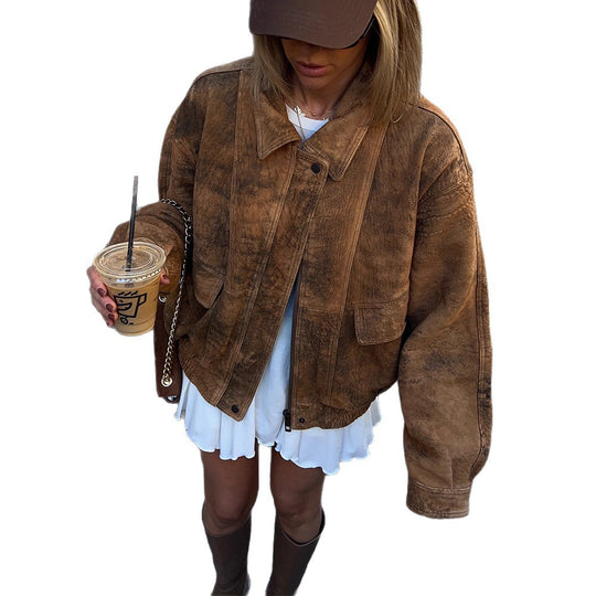 Damen Oversized Wildlederjacke mit großen Taschen und lässigem Schnitt R&B