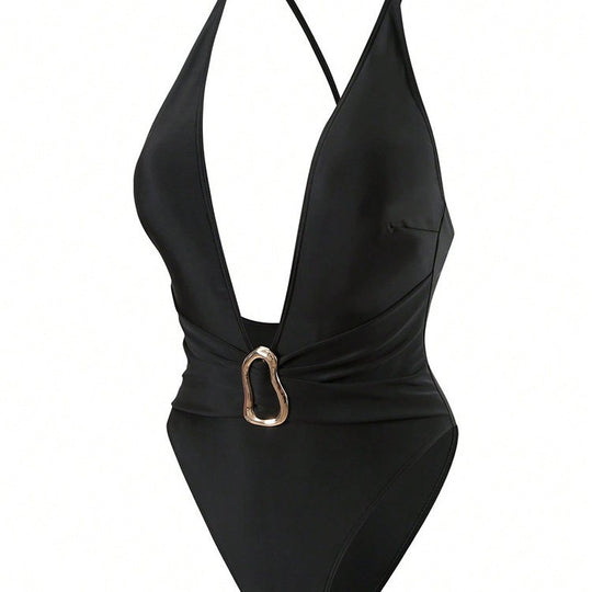 Damen Einteiler Badeanzug mit tiefem V-Ausschnitt und elegantem Schmuckelement R&B