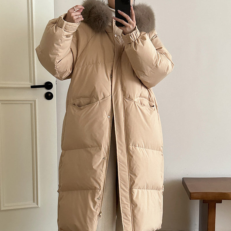 Damen Lange gefütterte Winterjacke mit hochwertigem Kunstfellkragen und praktischen Taschen R&B