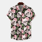 Herren Kurzarmhemd mit kreativem Totenkopf- und Blumenmuster  1757487585