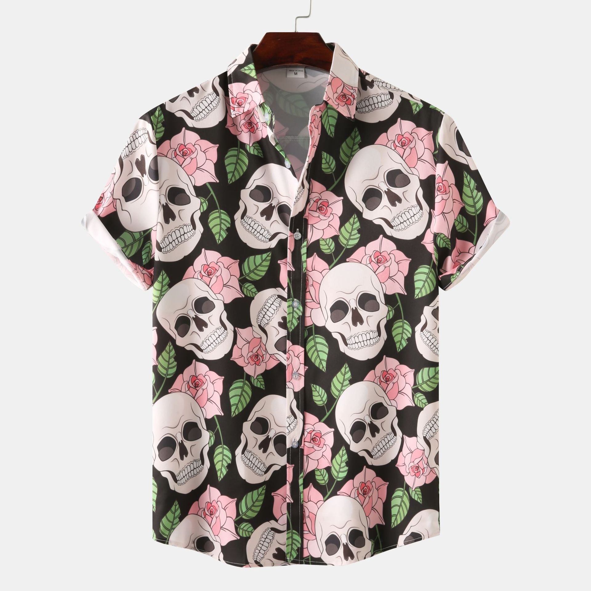 Herren Kurzarmhemd mit kreativem Totenkopf- und Blumenmuster  1757487585