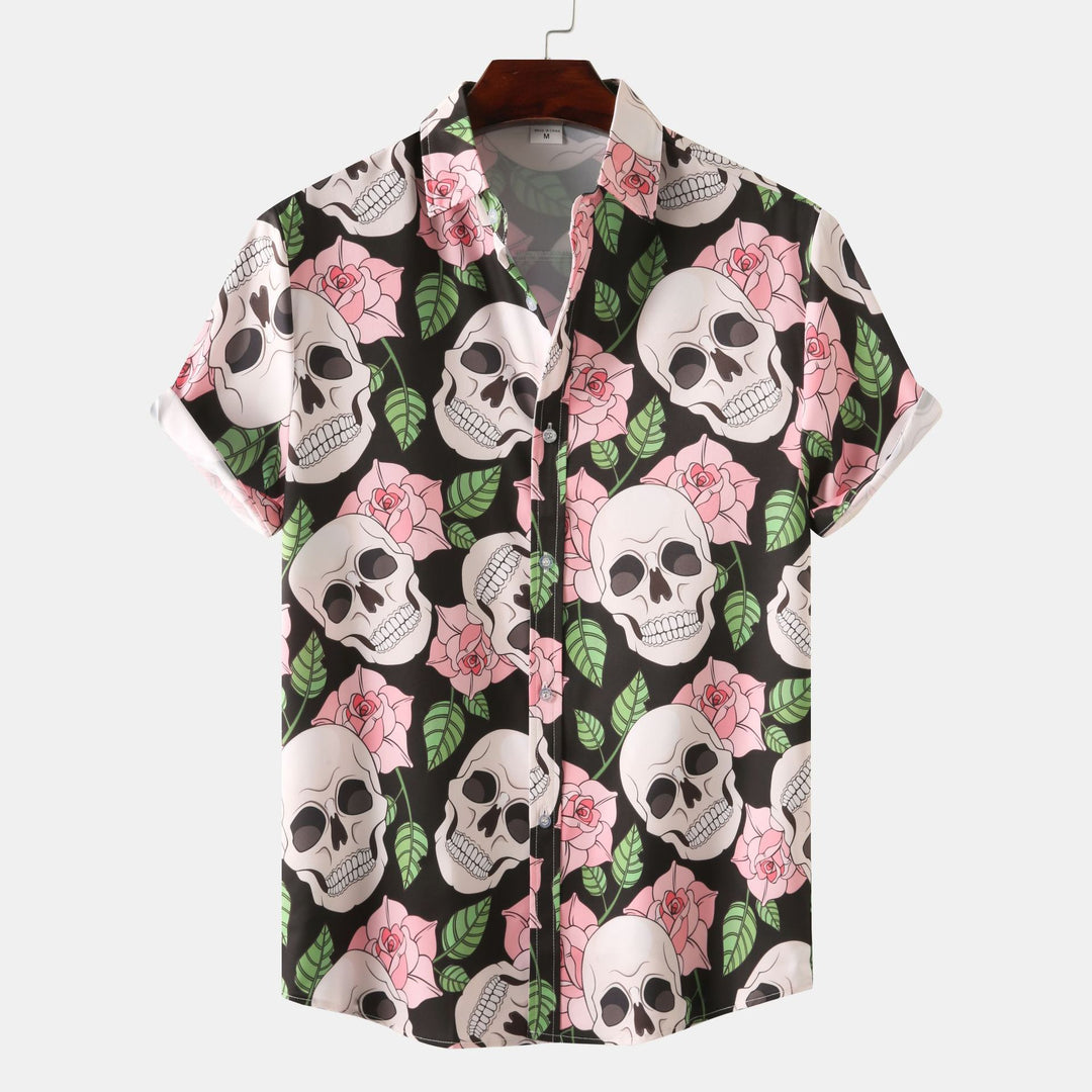 Herren Kurzarmhemd mit kreativem Totenkopf- und Blumenmuster R&B