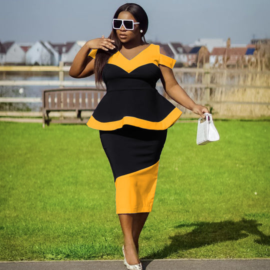 Damen Peplum Kleid mit kontrastierenden Akzenten und figurbetontem Schnitt R&B