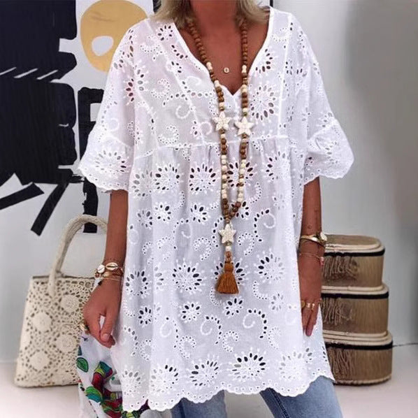 Damen Bluse mit floralen Stickereien und weiten Ärmeln R&B