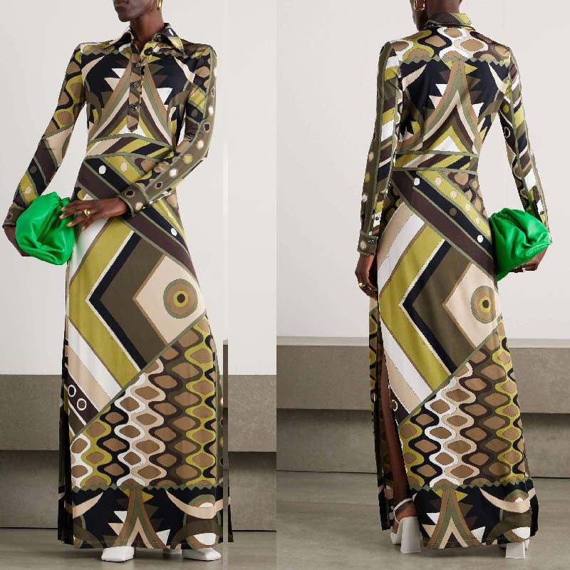 Damen Maxikleid mit geometrischem Muster und Knopfdetails R&B