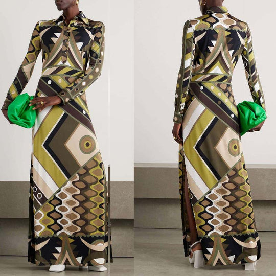 Damen Maxikleid mit geometrischem Muster und Knopfdetails R&B