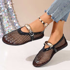 Damen atmungsaktive Mesh-Ballerinas mit dekorativen Schnallen und rutschfester Sohle R&B