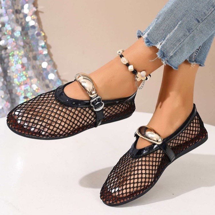 Damen atmungsaktive Mesh-Ballerinas mit dekorativen Schnallen und rutschfester Sohle R&B