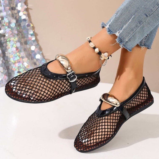 Damen atmungsaktive Mesh-Ballerinas mit dekorativen Schnallen und rutschfester Sohle R&B