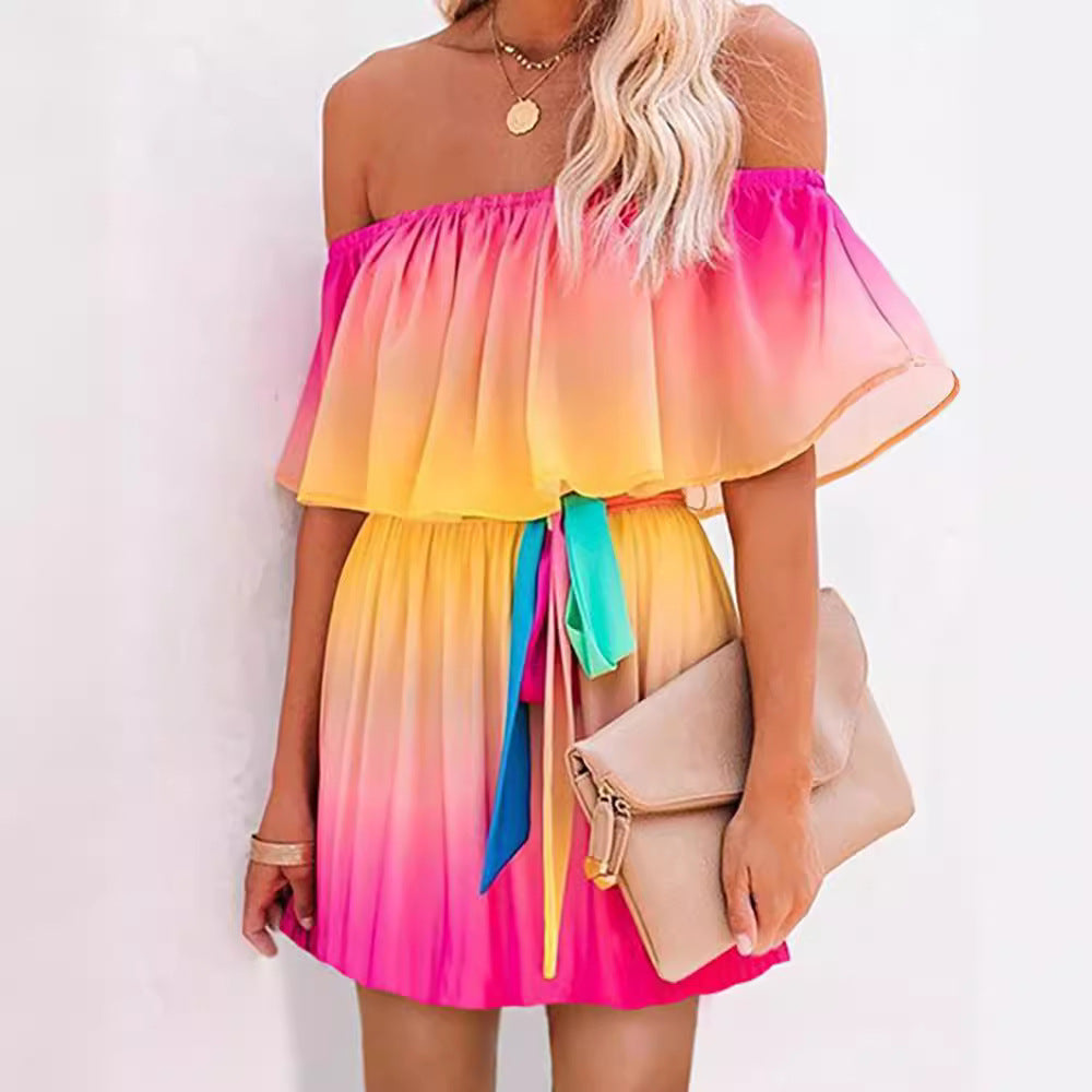 Damen Off-Shoulder Minikleid mit Farbverlauf und Taillengürtel R&B