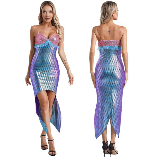 Damen Glamouröses Meerjungfrau-Kleid mit asymmetrischem Saum und schimmerndem Oberteil R&B