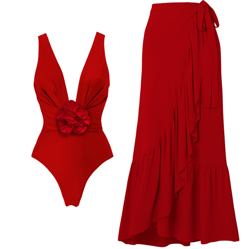 Damen Eleganter V-Ausschnitt Badeanzug mit dekorativem Blumenarrangement R&B