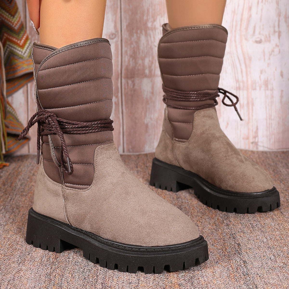Damen gefütterte Schnürstiefel mit modischem Rüschendesign und rutschfester Sohle R&B