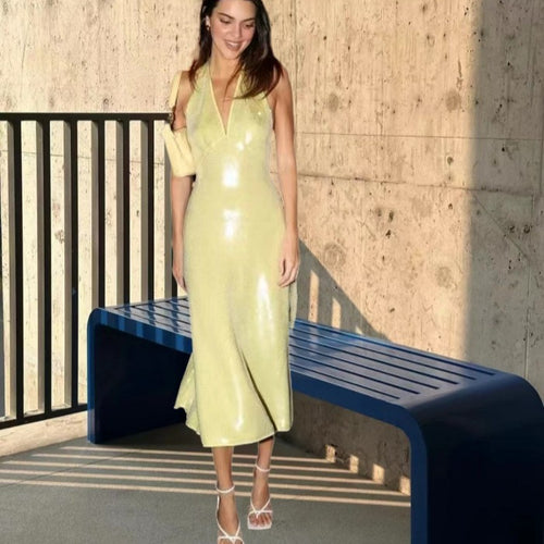Damen Elegantes Midi-Kleid mit schimmerndem Obermaterial und V-Ausschnitt R&B