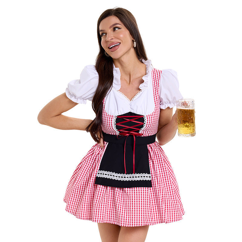Damen Trachtenkleid im modernen Latzdesign mit nostalgischen Karomustern und verspieltem Schürzenakzent R&B