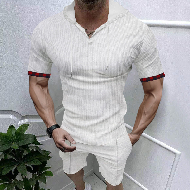 Herren sportliches Kurzarm-Hemden- und Shorts-Set mit Kapuze und kontrastierenden Ärmelabschlüssen
