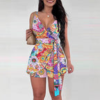 Damen lässiger Wickel-Jumpsuit mit kreativem Muster und Taillengürtel R&B