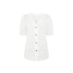 Damen luftiges Blusenshirt mit kunstvollen Lochmustern und Knopfdetails R&B