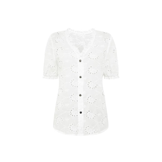 Damen luftiges Blusenshirt mit kunstvollen Lochmustern und Knopfdetails R&B