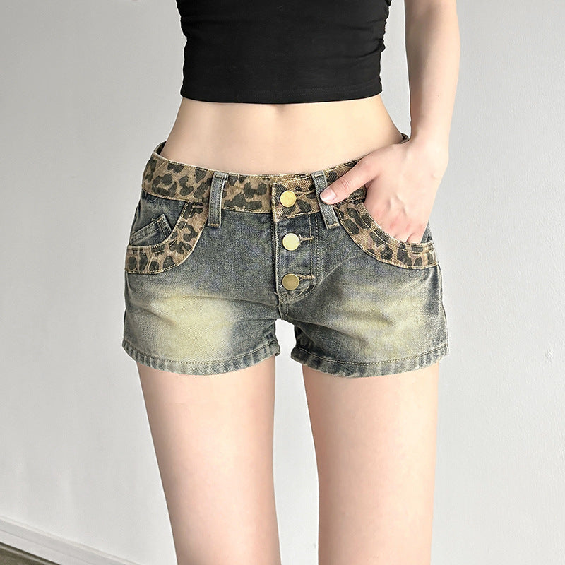 Damen Kurze Jeansshorts mit Leopardenmuster und gerafftem Bund R&B
