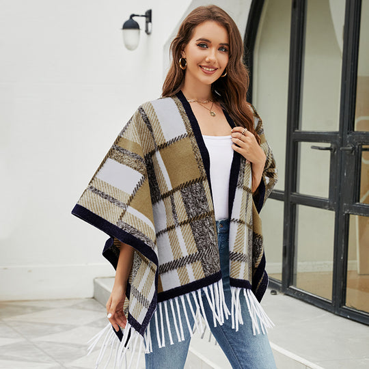 Damen eleganter Poncho mit modernem Karomuster und Fransen R&B