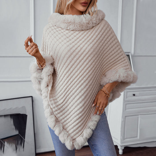 Damen kuschelige Strickdecke mit luxuriösem Kunstfellbesatz R&B