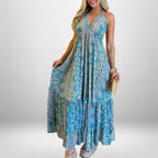 Damen Maxikleid Im Verspielten Boho-Stil mit Tiefem V-Ausschnitt und Schwingendem Rock R&B