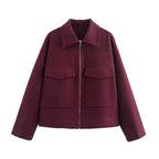 Damen lässige Wolljacke mit praktischen Brusttaschen und hochwertigem Reißverschluss R&B