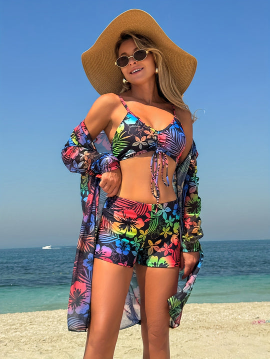 Damen Badeset mit lässigem Kimono und sportlichen Shorts R&B