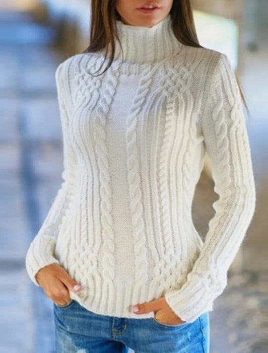 Damen Hochwertiger Strickpullover mit Stehkragen und Zopfmuster R&B