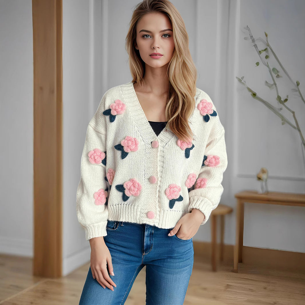 Damen Strickjacke mit floralen Applikationen und knöpfbarem Design R&B