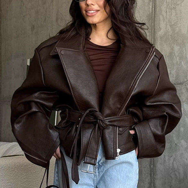 Damen Übergröße Kunstlederjacke im lässigen Stil R&B