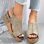 Damen Glamouröse Wedge-Sandaletten mit Glitzer und Korksohle R&B