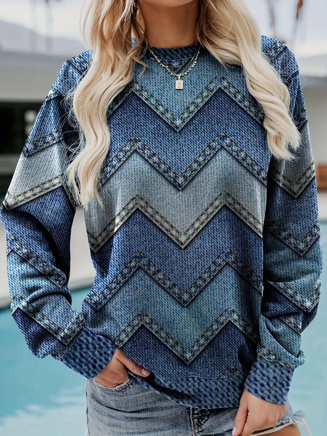Damen Sweatshirt mit markantem Denim-Zickzack-Muster R&B