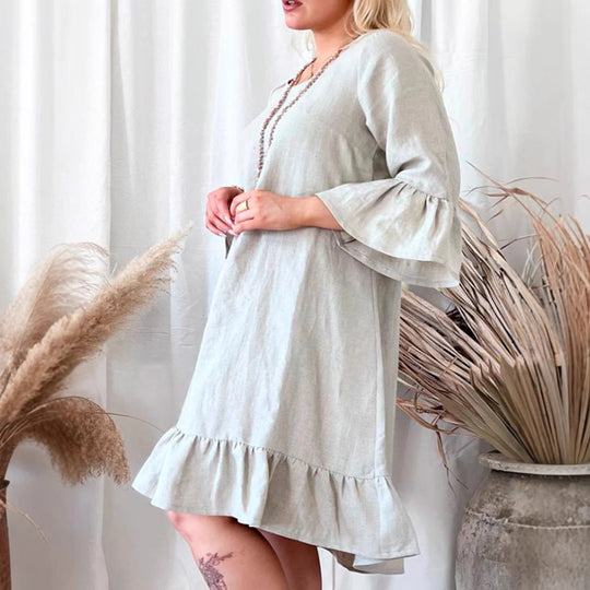 Damen Leichtes Leinenkleid mit Rüschendetails und weitem Schnitt R&B