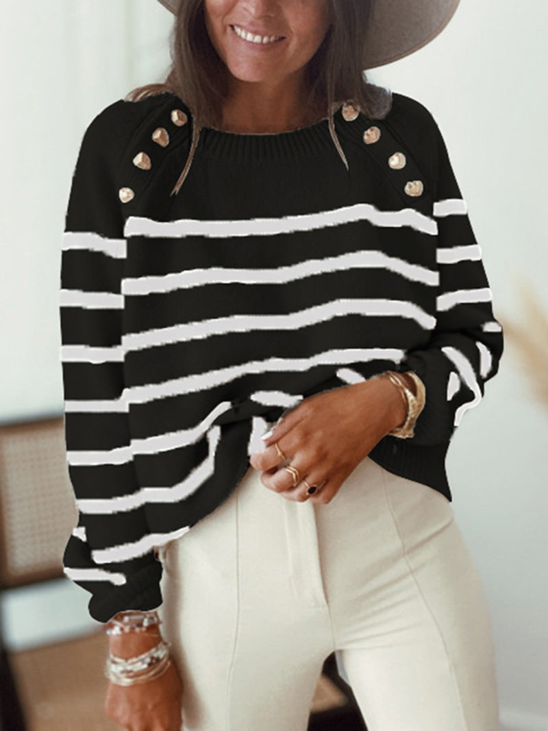 Damen Strickpullover mit zeitlosem Streifenmuster und dekorativen Knopfdetails R&B