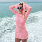 Damen elegantes Spitzen-Strandkleid mit langem Arm und durchscheinendem Design R&B