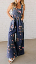 Damen Lässiger Denim-Hosenanzug mit floralem Print und weiten Beinen R&B