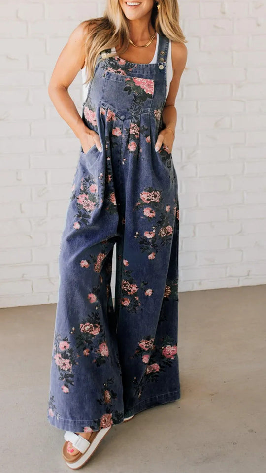 Damen Lässiger Denim-Hosenanzug mit floralem Print und weiten Beinen R&B