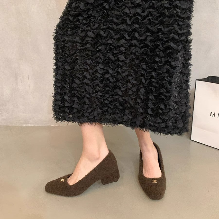 Damen elegante Blockabsatz-Ballerinas aus Wollfilz R&B