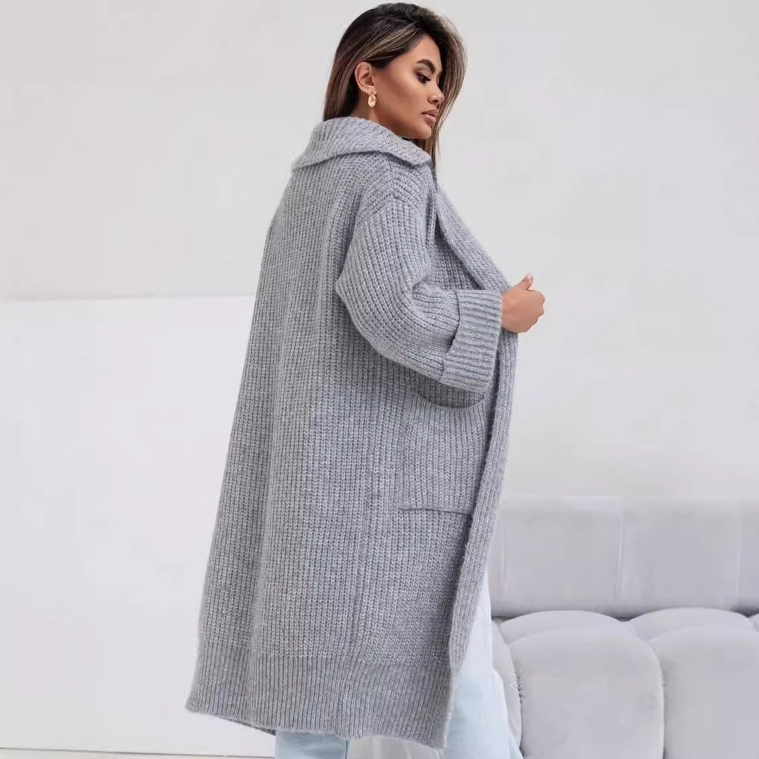 Damen Langer Strickmantel mit Kapuze und praktischen Taschen R&B
