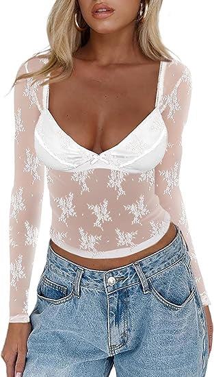 Damen Transparente Spitzenbluse mit eleganten Details R&B