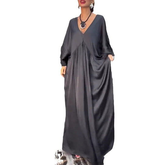 Damen nan Satinoptik Kaftan-Maxikleid mit V-Ausschnitt, geraffter Empirenaht und Volantsärmeln R&B