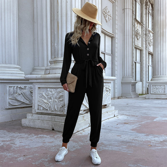 Damen lässiger Jumpsuit mit Knopfleiste und Taillengürtel R&B