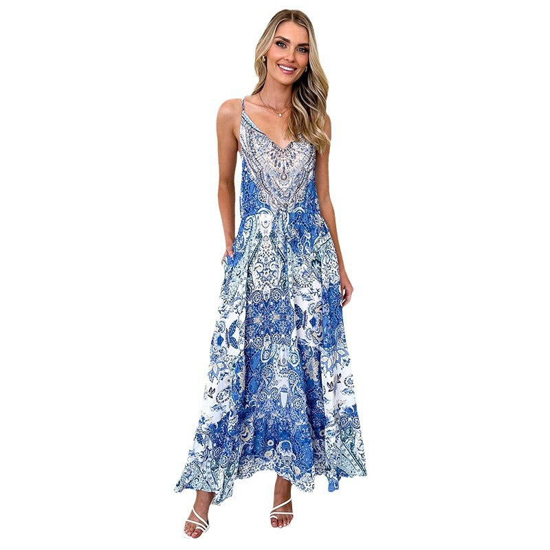 Damen Maxikleid mit verziertem V-Ausschnitt und luftiger Rockform R&B