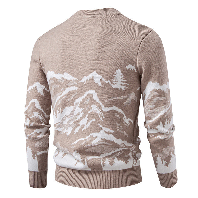 Herren Strickpullover mit Bergmotiv und hohem Kragen R&B