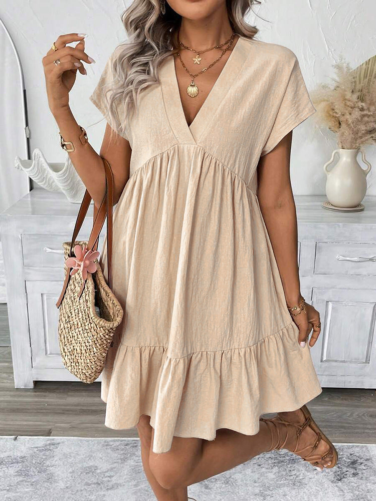 Damen kurzes Sommerkleid mit tiefem V-Ausschnitt und Rüschensaum R&B