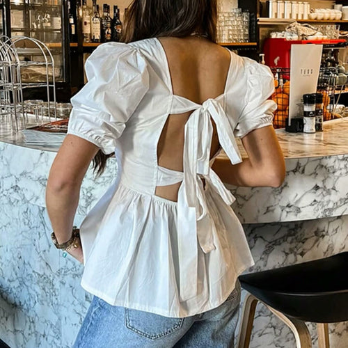 Damen bezaubernde Bluse mit Knoten-Detail und Puffärmeln R&B