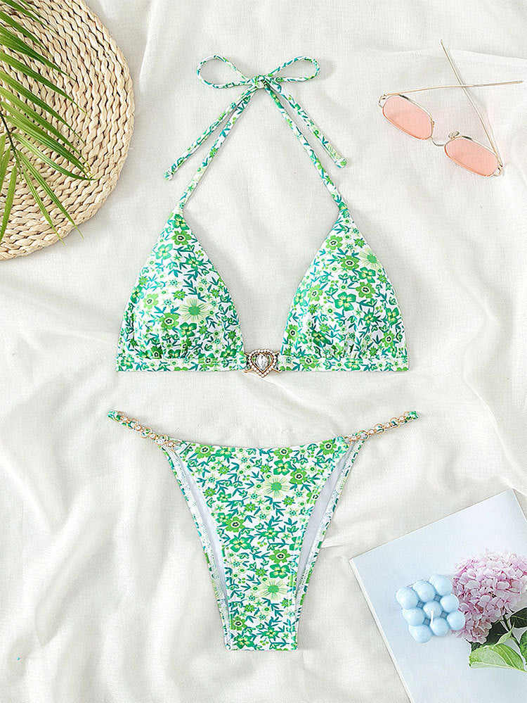 Damen Triangel-Bikini mit dekorativen Kettendetails und floralen Akzenten R&B